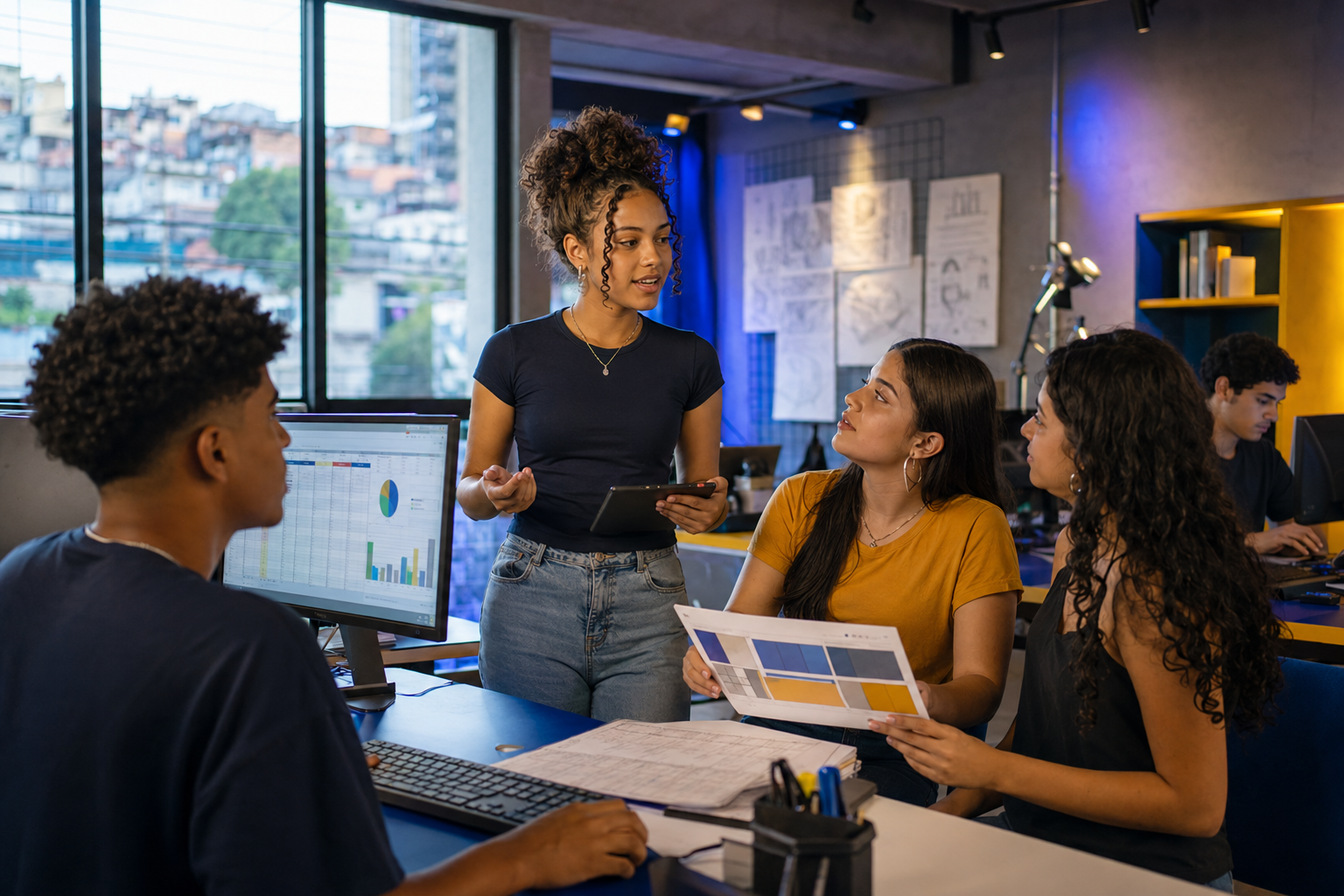 Jovens colaborando em projetos de tecnologia, planilhas e design
